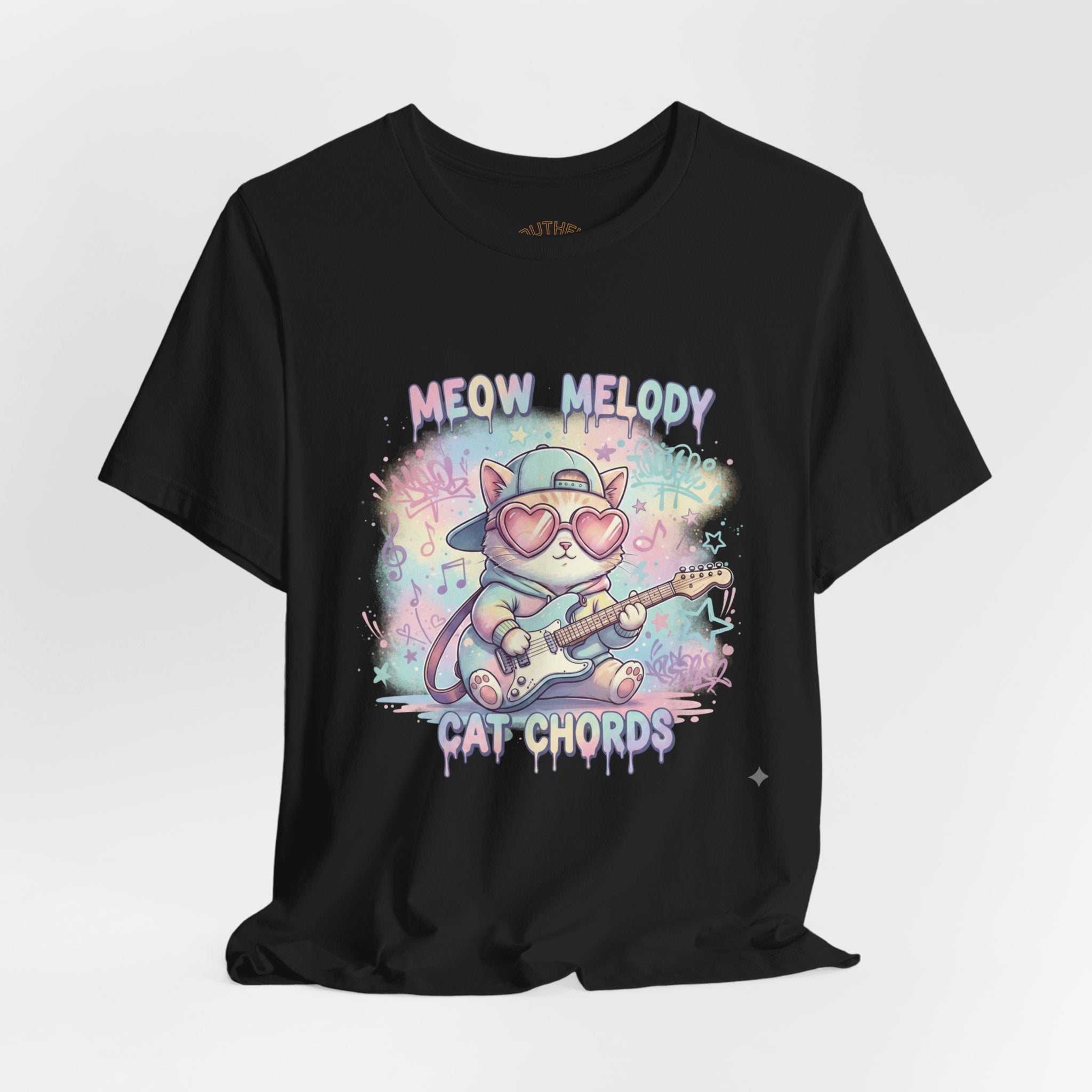 Youthful Unisex Cat Chords Guitar Tee — "Meow Melody" Cute Cat Rocker T-Shirt