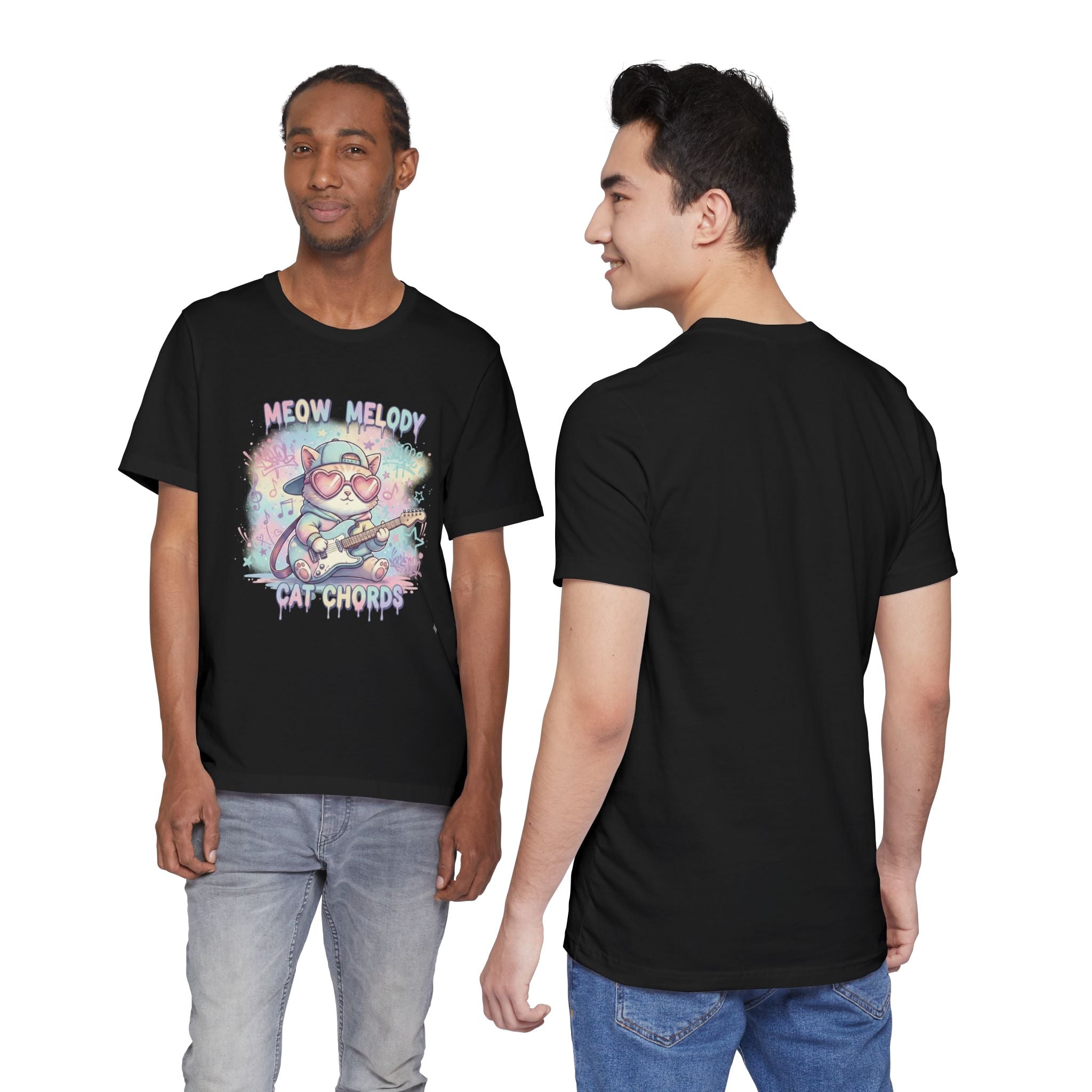 Youthful Unisex Cat Chords Guitar Tee — "Meow Melody" Cute Cat Rocker T-Shirt