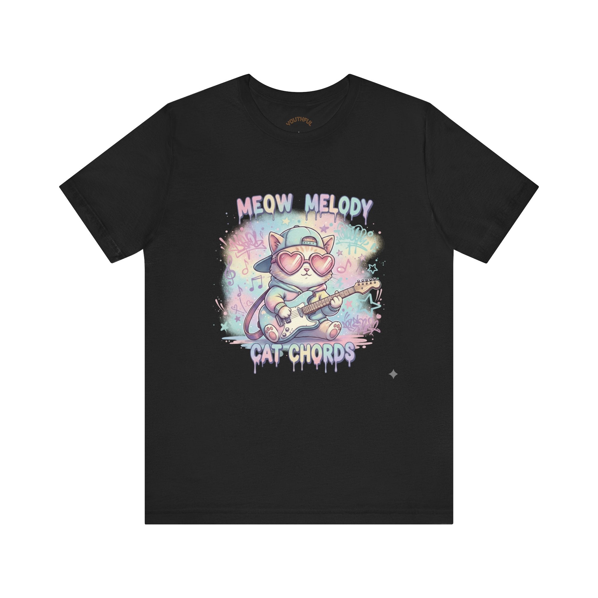 Youthful Unisex Cat Chords Guitar Tee — "Meow Melody" Cute Cat Rocker T-Shirt